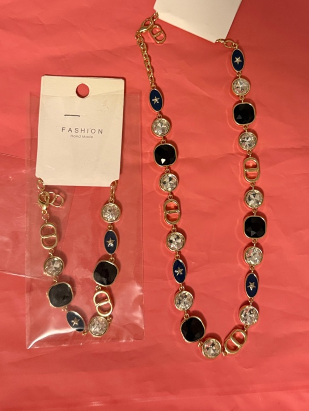 Gold-Tone Necklace and Bracelet Set with Navy and Black Accents